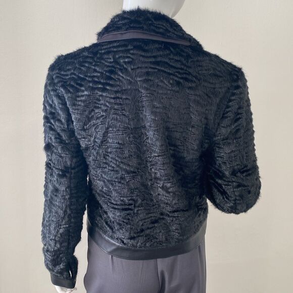 STAUD Buddha Black Faux Fur Jacket Vegan Leather Trim & an Oversized Gold Button - Picture 4 of 9